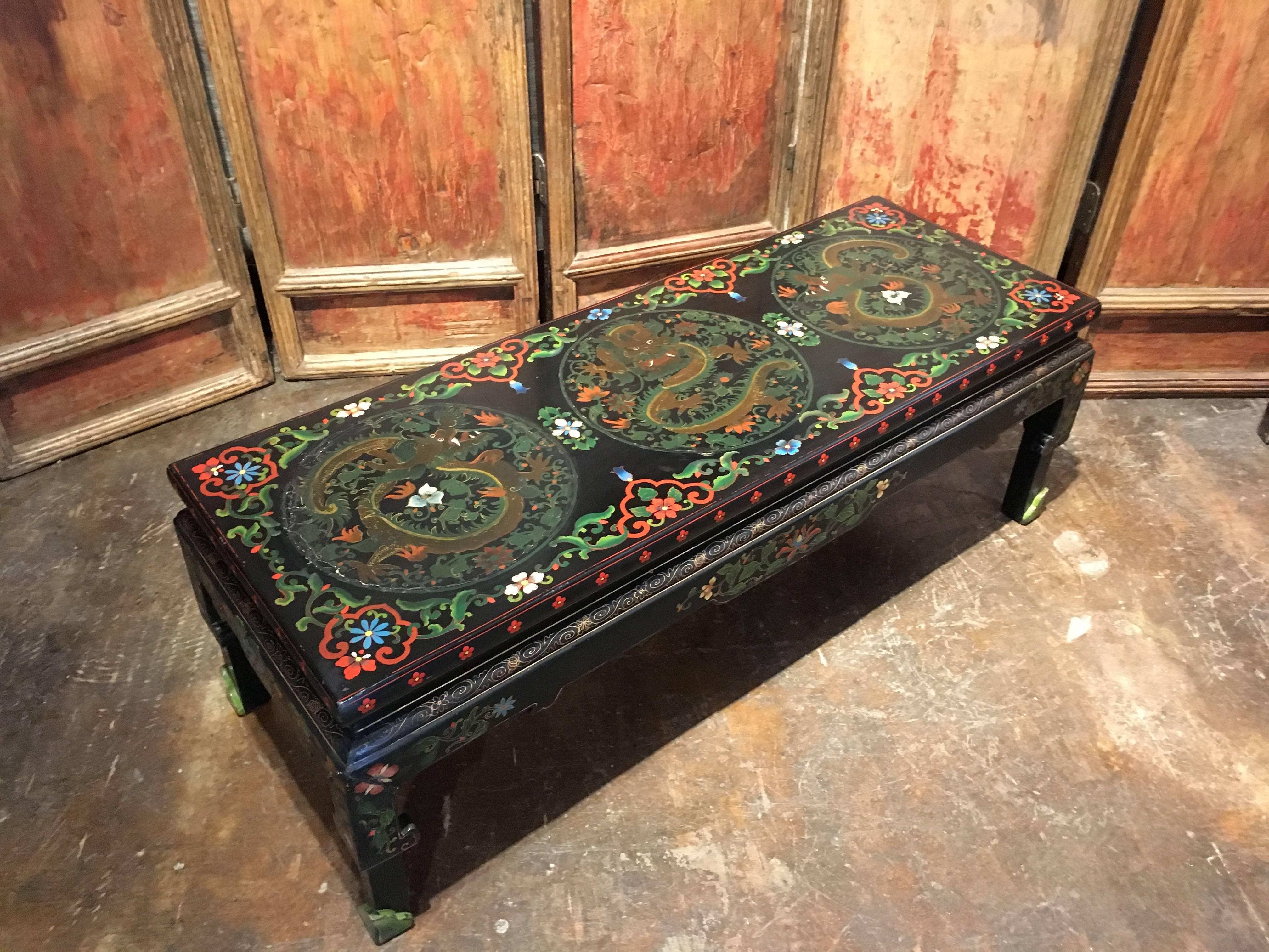 1950s Chinese Black Lacquer Painted Dragon Coffee Table or Bench 3