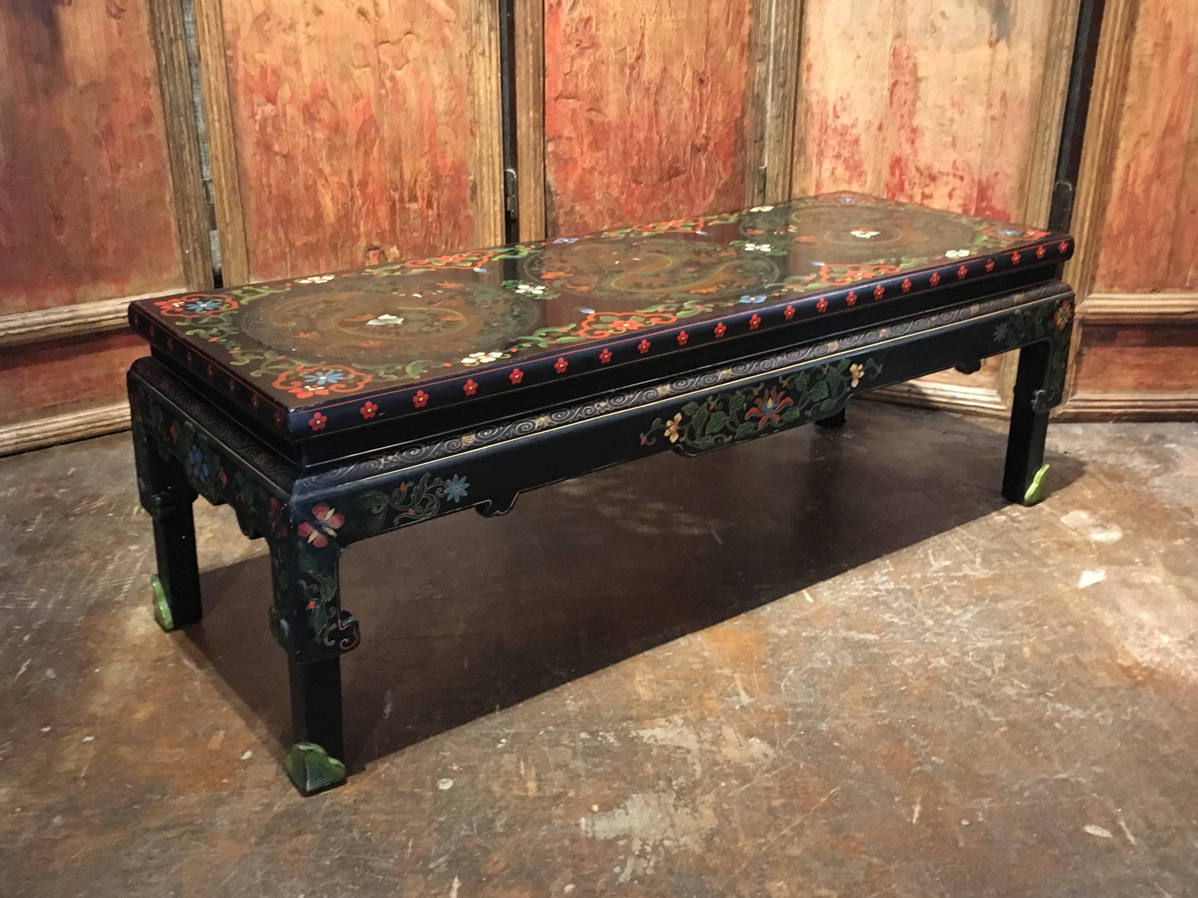 1950s Chinese Black Lacquer Painted Dragon Coffee Table or Bench 4