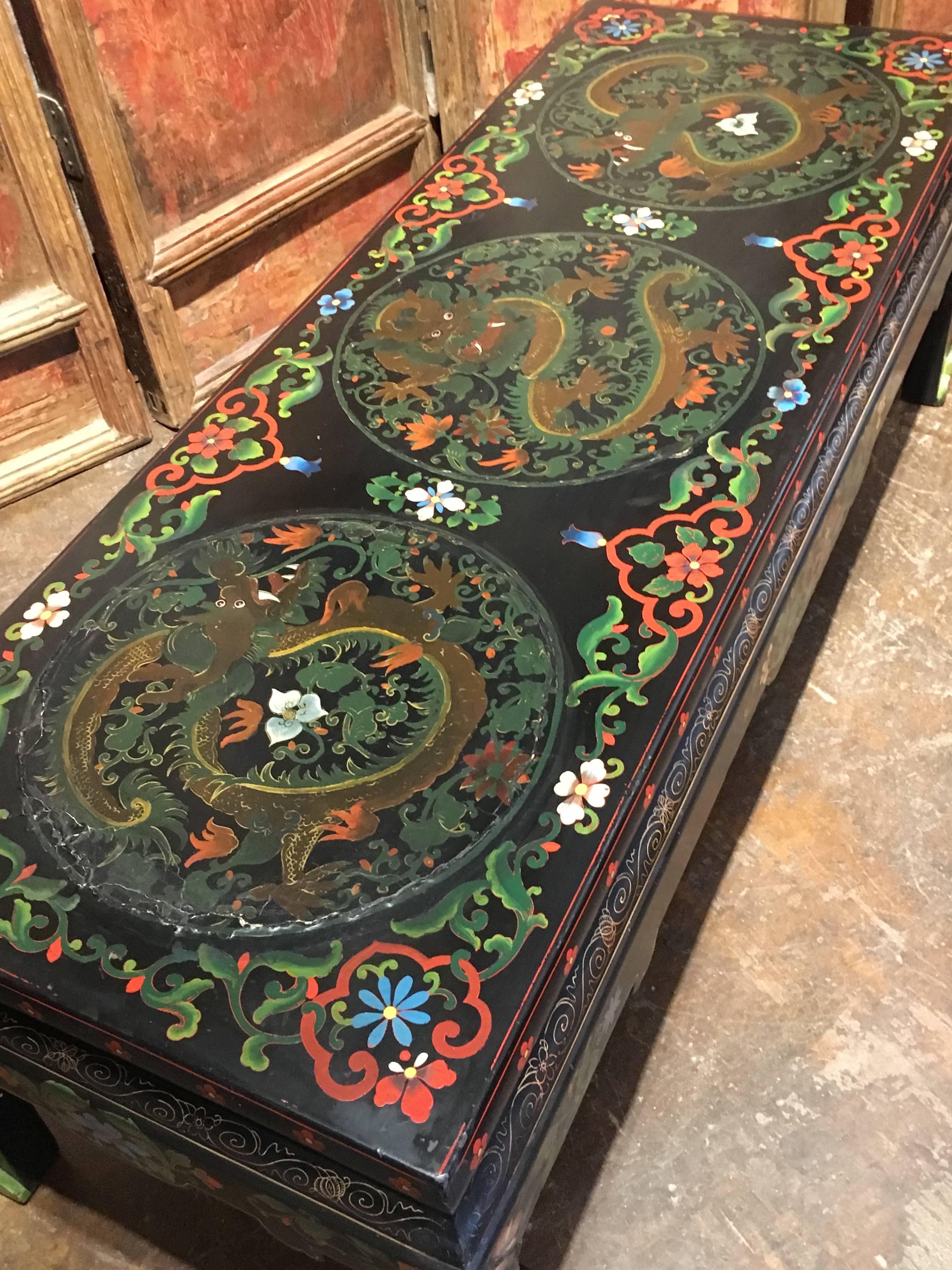 1950s Chinese Black Lacquer Painted Dragon Coffee Table or Bench 5