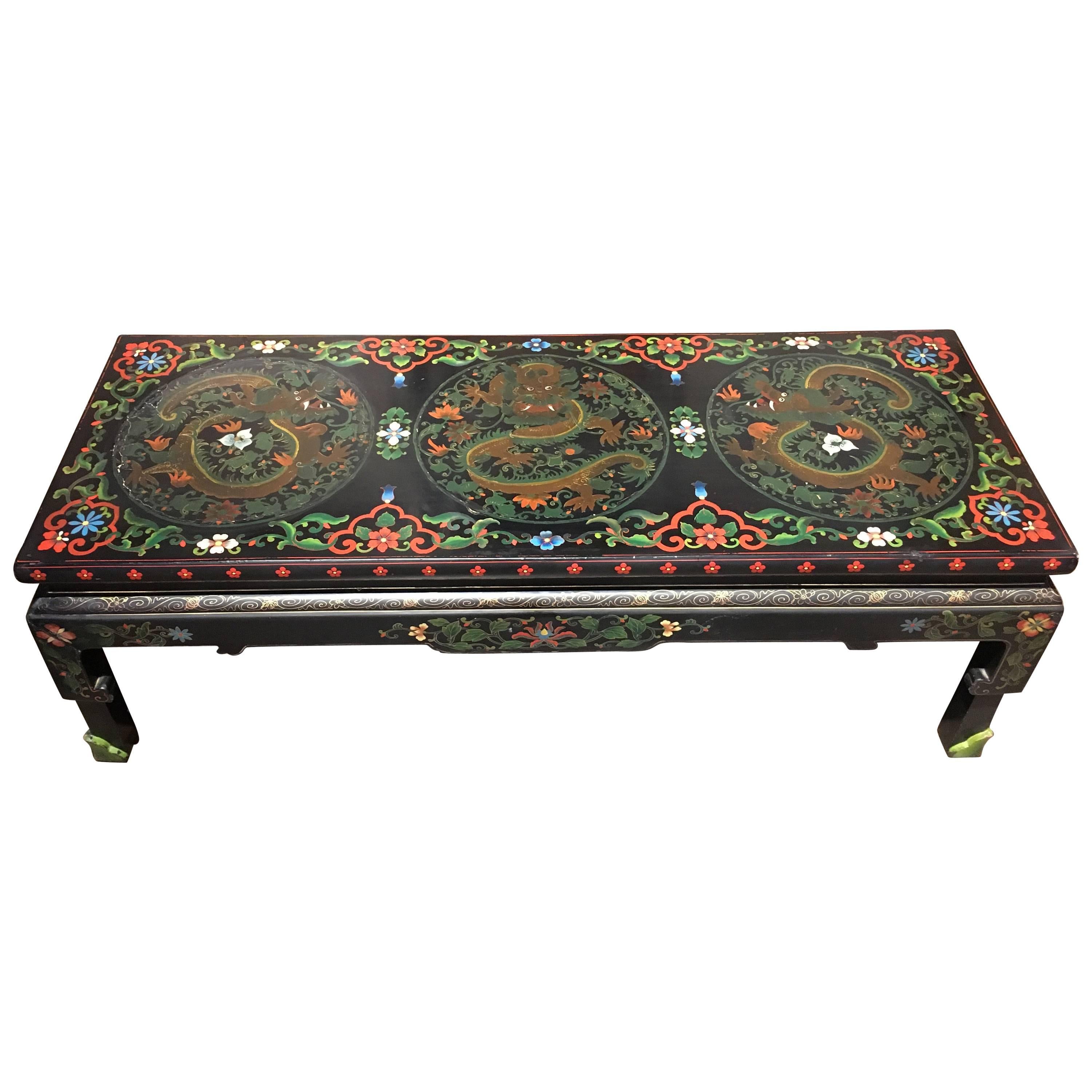 1950s Chinese Black Lacquer Painted Dragon Coffee Table or Bench