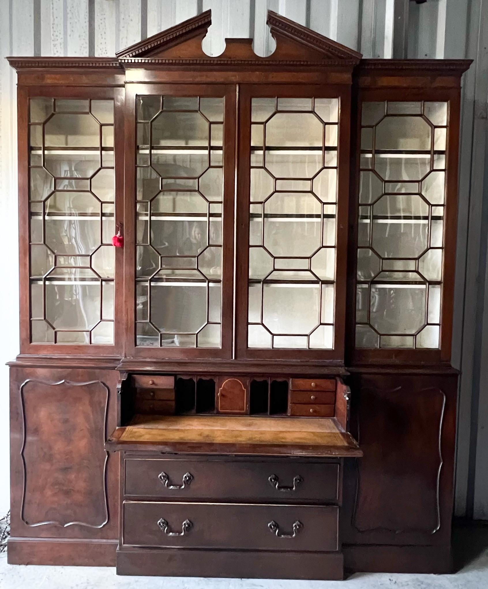 American 1950s Chinese Chippendale Style Burl Mahogany Cabinet / Secretary / Breakfront