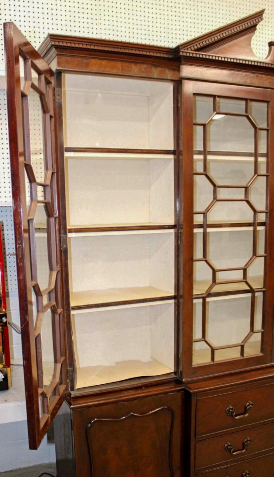 1950s Chinese Chippendale Style Burl Mahogany Cabinet / Secretary / Breakfront In Good Condition In Kennesaw, GA