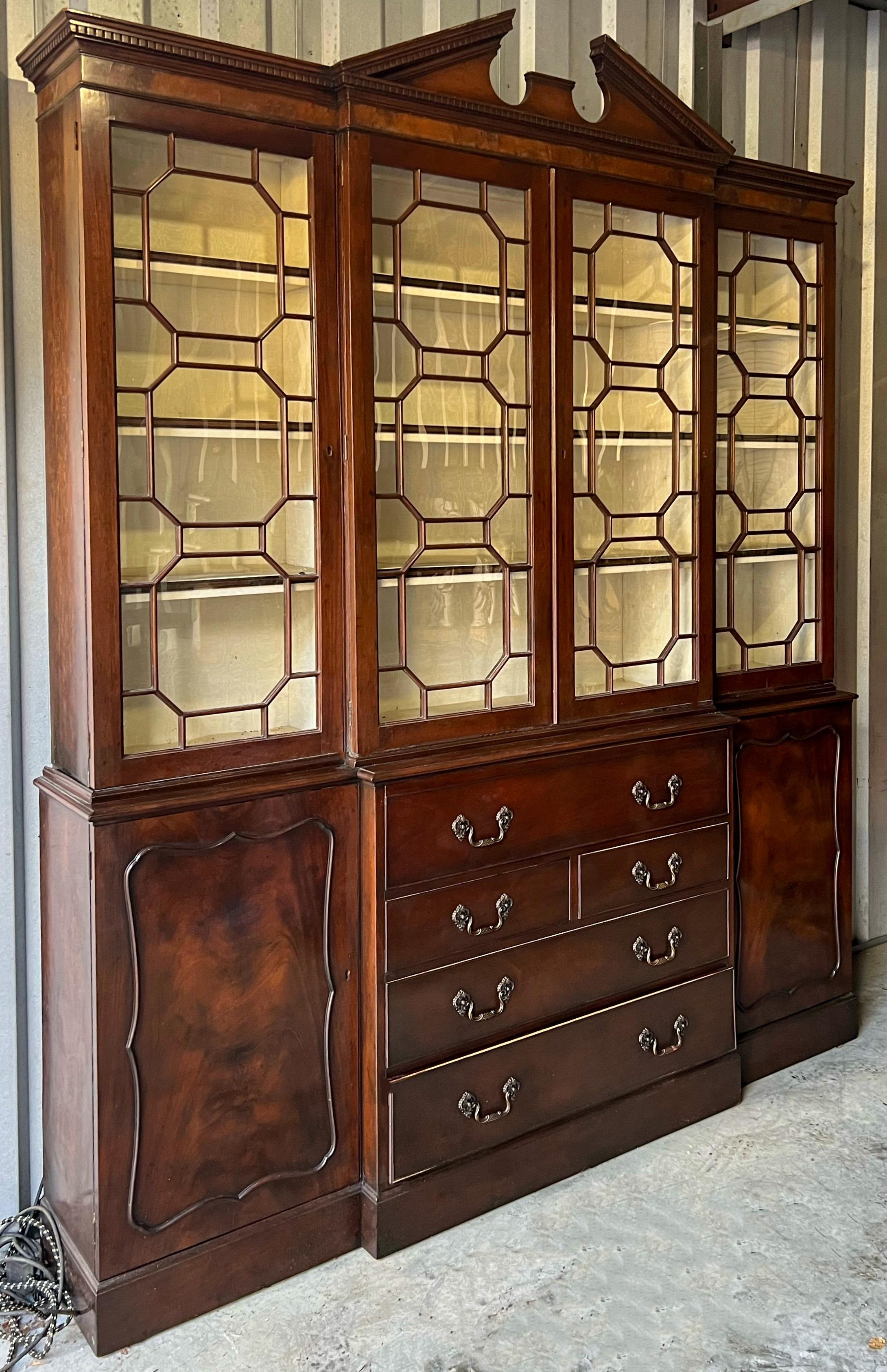 20th Century 1950s Chinese Chippendale Style Burl Mahogany Cabinet / Secretary / Breakfront