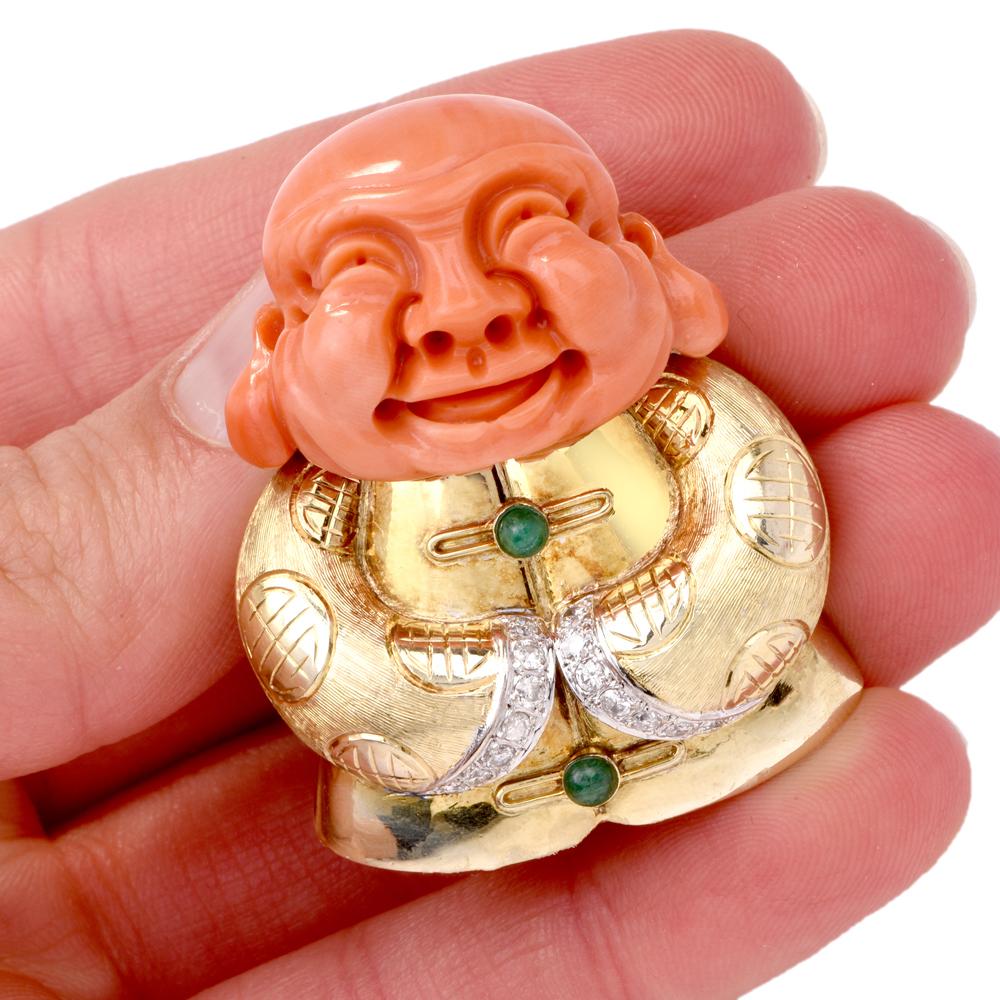 This whimsical vintage Chinese 14 karat yellow gold with a touch of white gold applied to diamond settings represents the 'Happy Buddha' a most popular symbol in Feng Shui, also referred to as 'Buddha of Happiness' regarded as a symbol of good