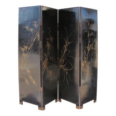1950s Chinese Coromandel Four-Panel Screen with Trompe-l'œil Bookshelves and Gil