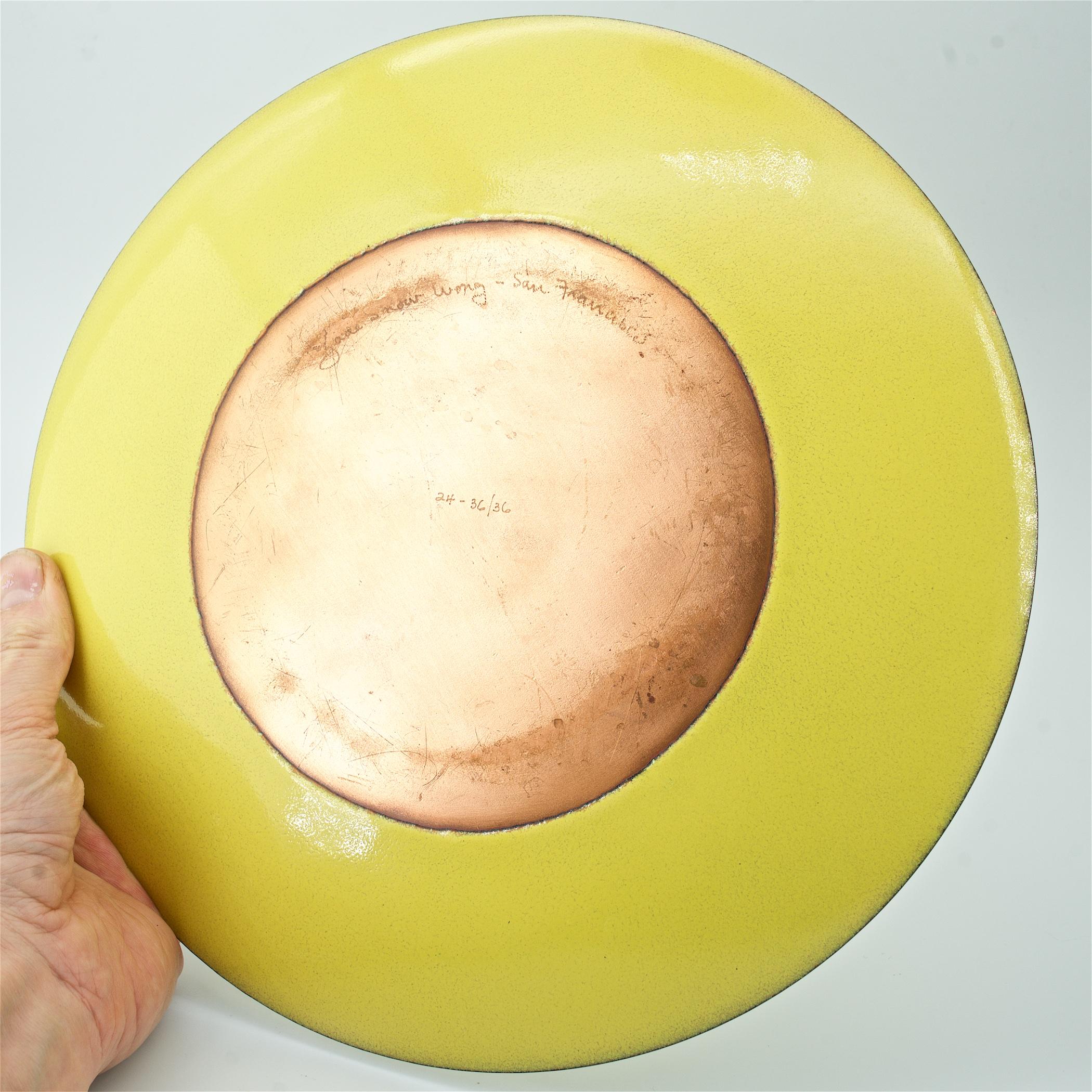 1950s Chinese Female Artist Jade Snow Wong Lemon Yellow Enameled Copper Bowl USA In Excellent Condition For Sale In Hyattsville, MD