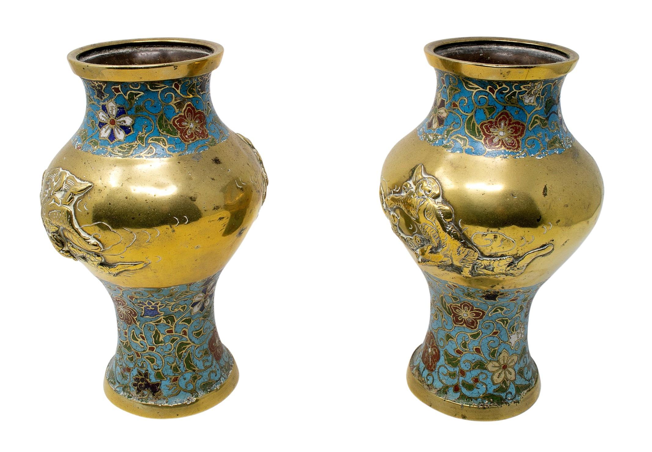 1950s Chinese pair of bronze cloisonné vases.