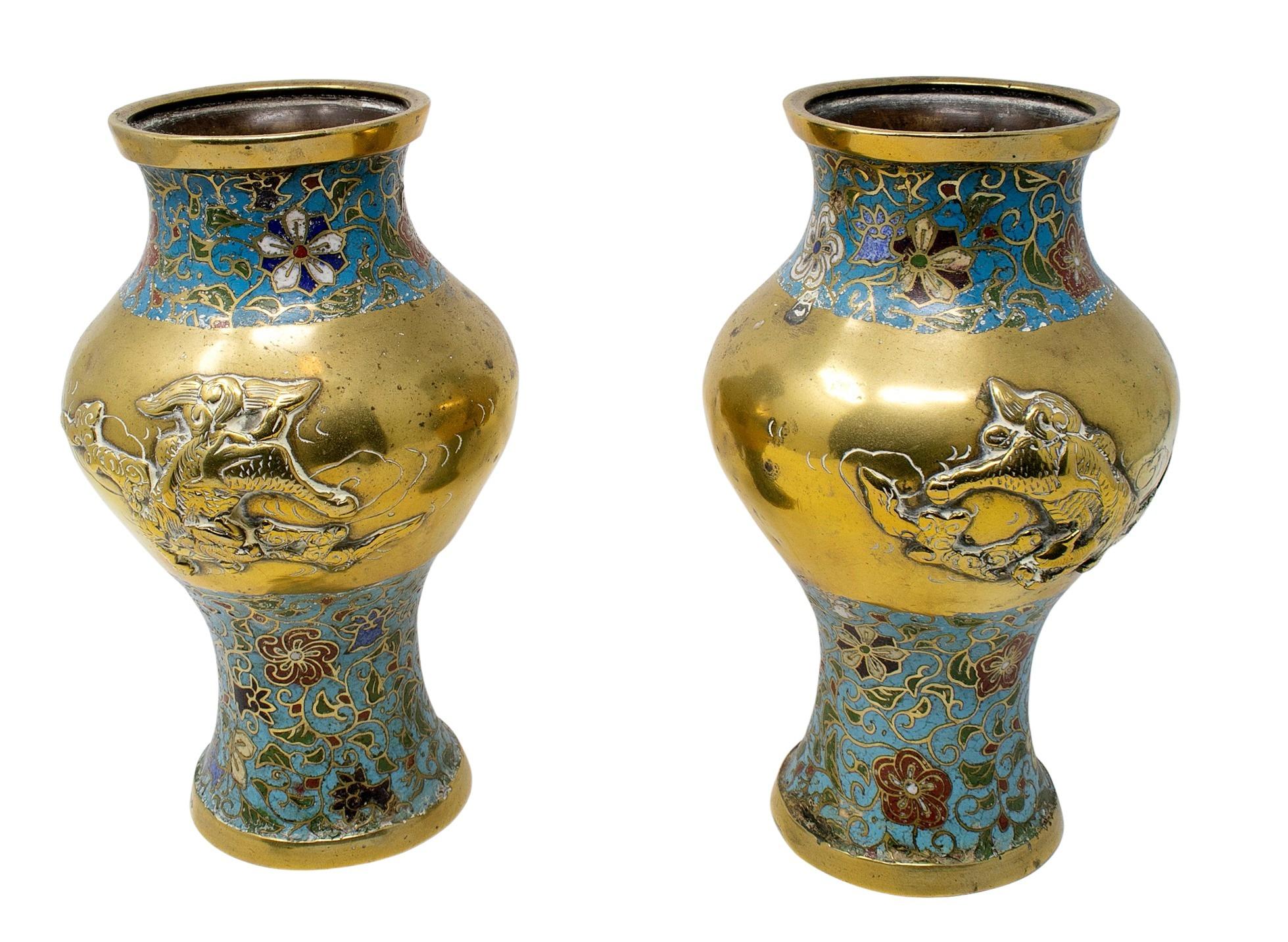 20th Century 1950s Chinese Pair of Bronze Cloisonné Vases