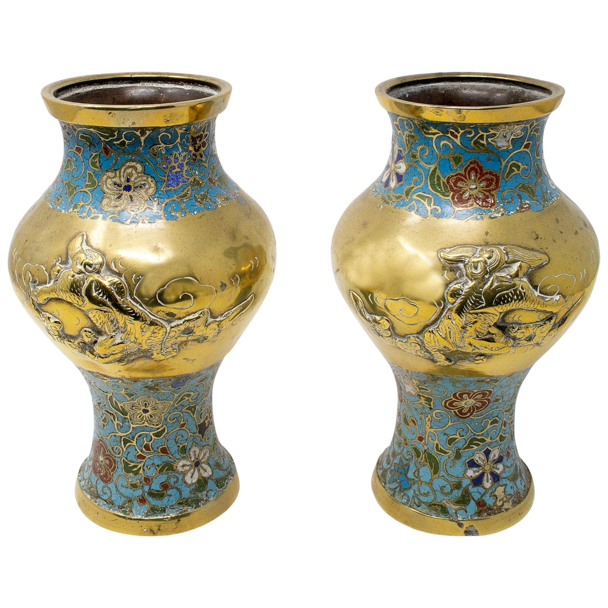 1950s Chinese Pair of Bronze Cloisonné Vases