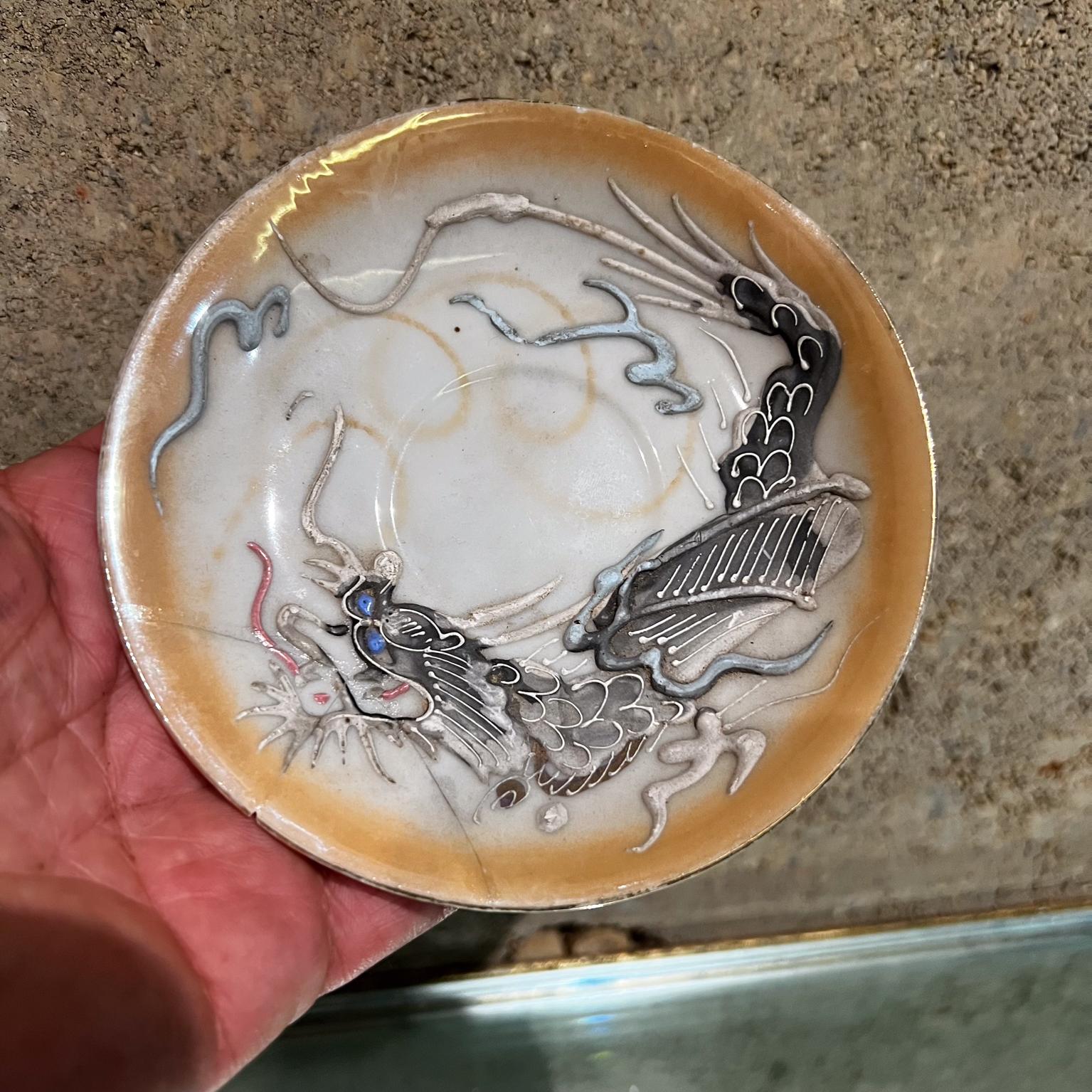 1950s Japanese Handcrafted Porcelain Lucky Dragon Saucer Plate Distressed For Sale 1