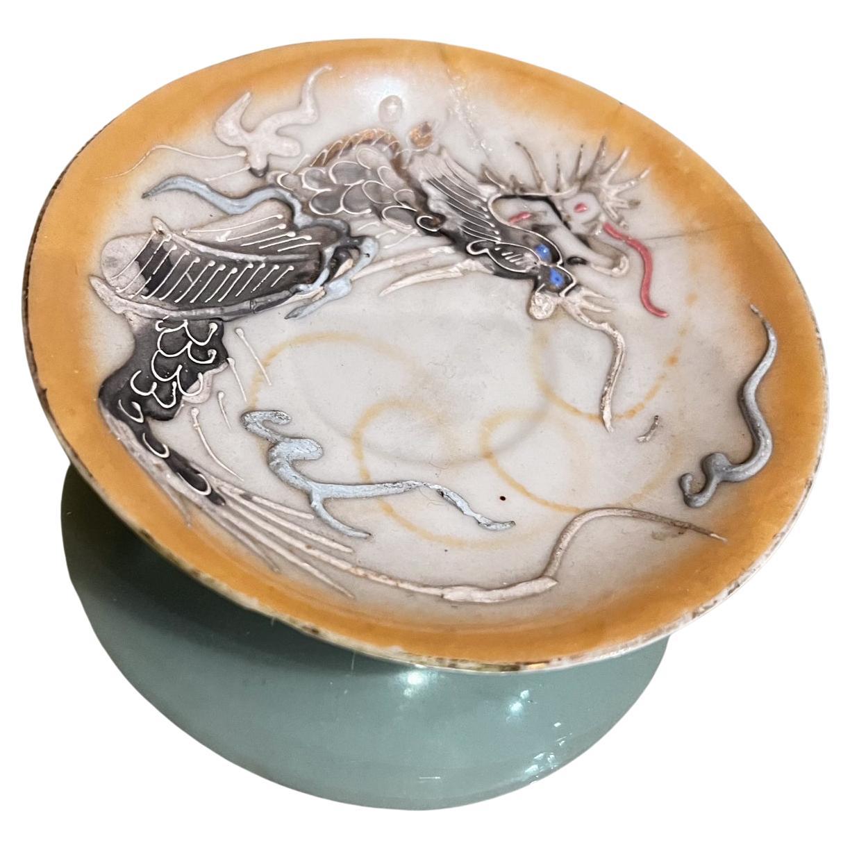 1950s Japanese Handcrafted Porcelain Lucky Dragon Saucer Plate Distressed