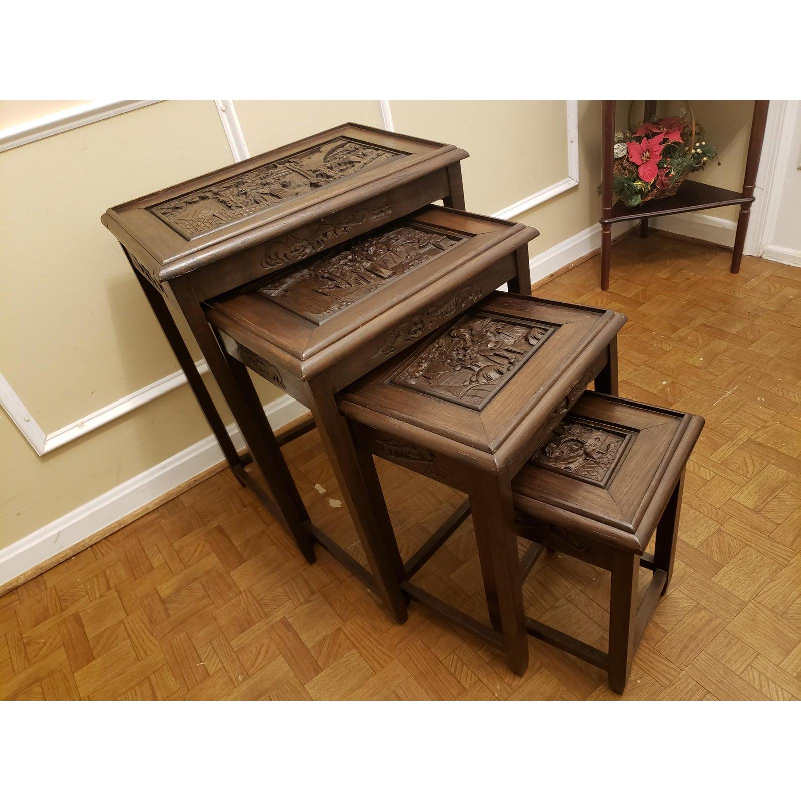 1950s Chinese Vintage Hand Carved Nesting Tables, Set of 4 1