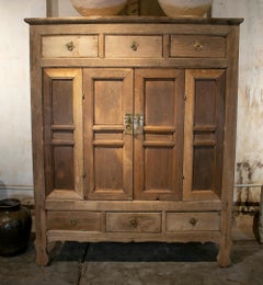 1950s Chinese Washed Elm Wood 2-Door 6-Drawer Wardrobe