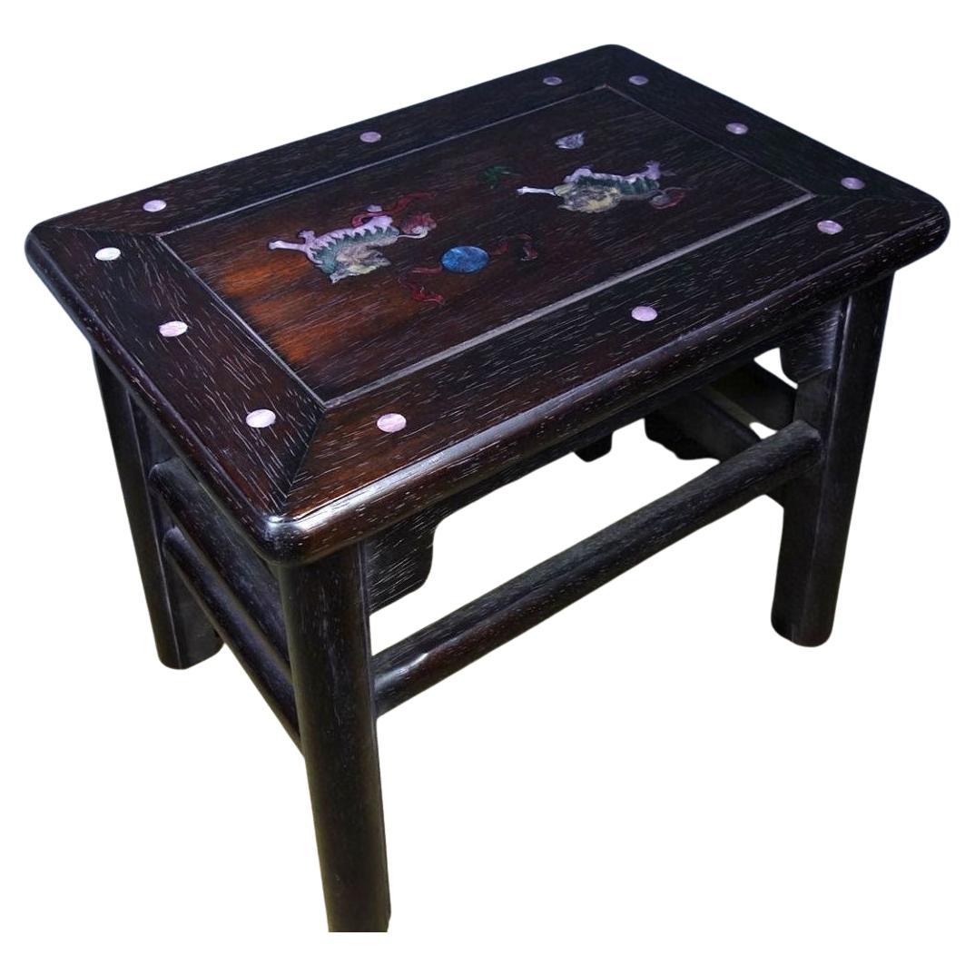 1950s Chinese Wood Seat with Shell Lions Decoration For Sale