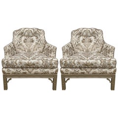 Vintage 1950s Chinoiserie Armchairs with Scalamandre Damask Linen Upholstery, Pair