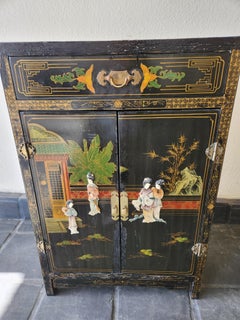 1950s Chinoiserie Black Lacquer MOP Chinese Cabinet Hand Painted