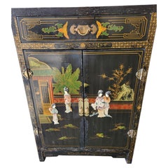 1950s Chinoiserie Black Lacquer MOP Chinese Cabinet Hand Painted