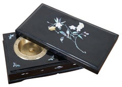 1950s Chinoiserie Black Lacquer Mother of Pearl Cigarette Tobacco Box Ashtray