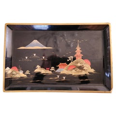 1950s Chinoiserie Japanese Black Lacquer Wood Serving Tray Hand Painted