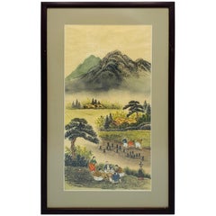 1950s Chinoiserie Mountainside Framed Charcoal and Lithograph