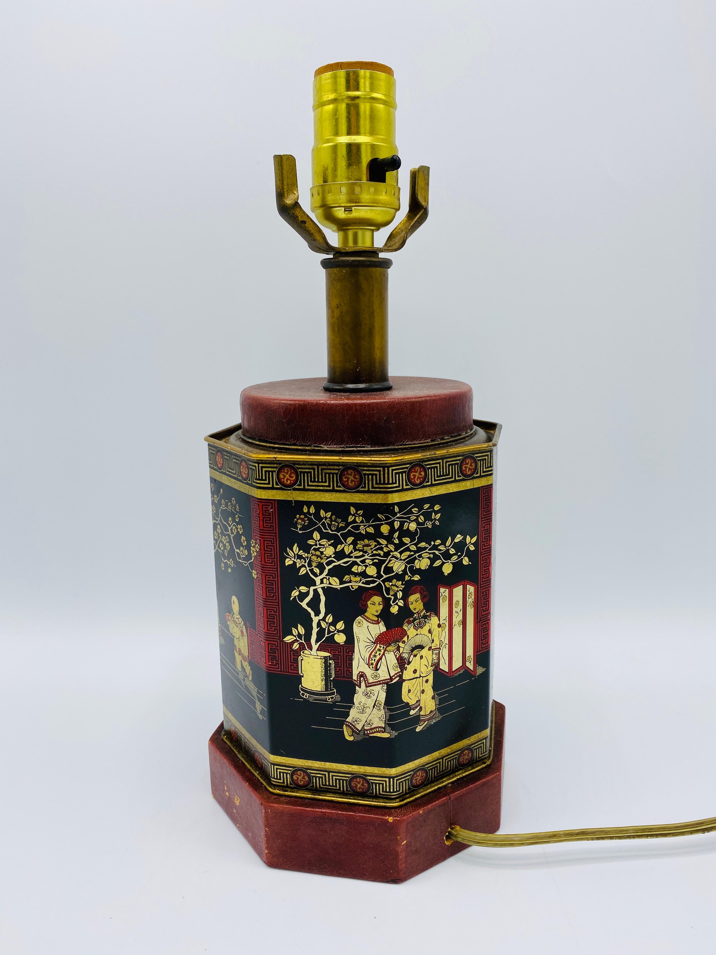 20th Century 1950s Chinoiserie Red and Black Tole Tea Canister Lamp with Leather Details For Sale