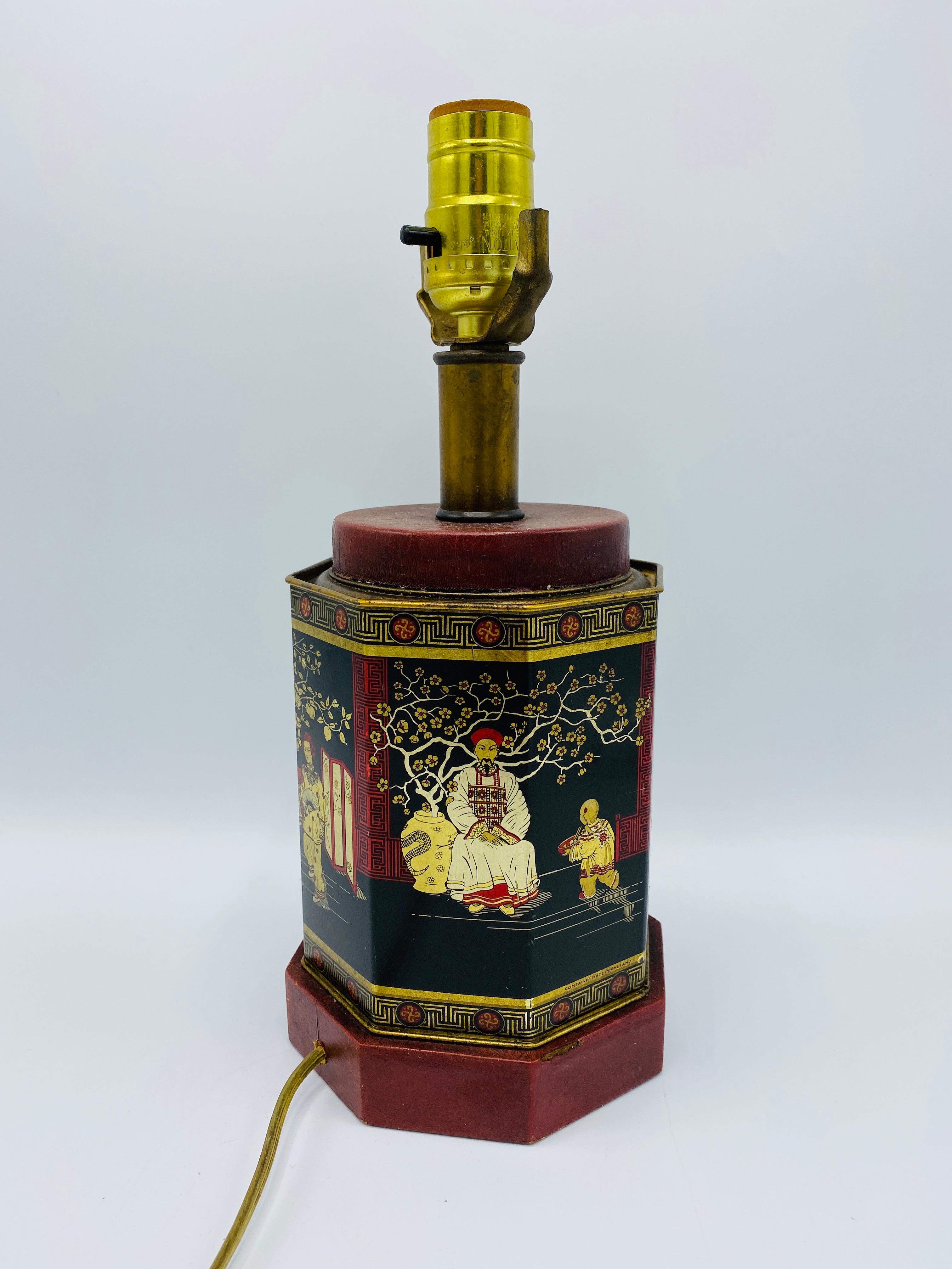 Metal 1950s Chinoiserie Red and Black Tole Tea Canister Lamp with Leather Details For Sale