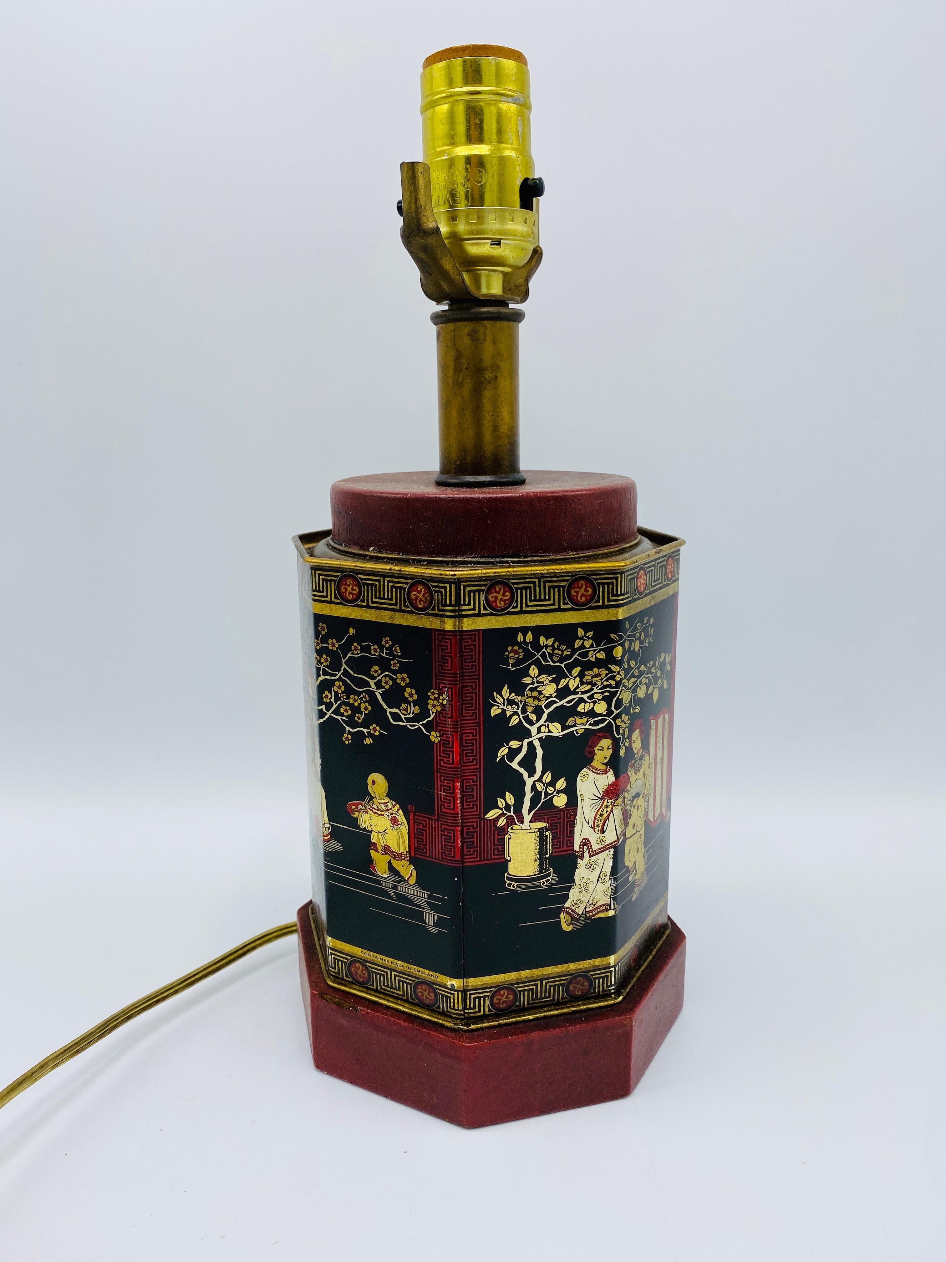1950s Chinoiserie Red and Black Tole Tea Canister Lamp with Leather Details For Sale 1