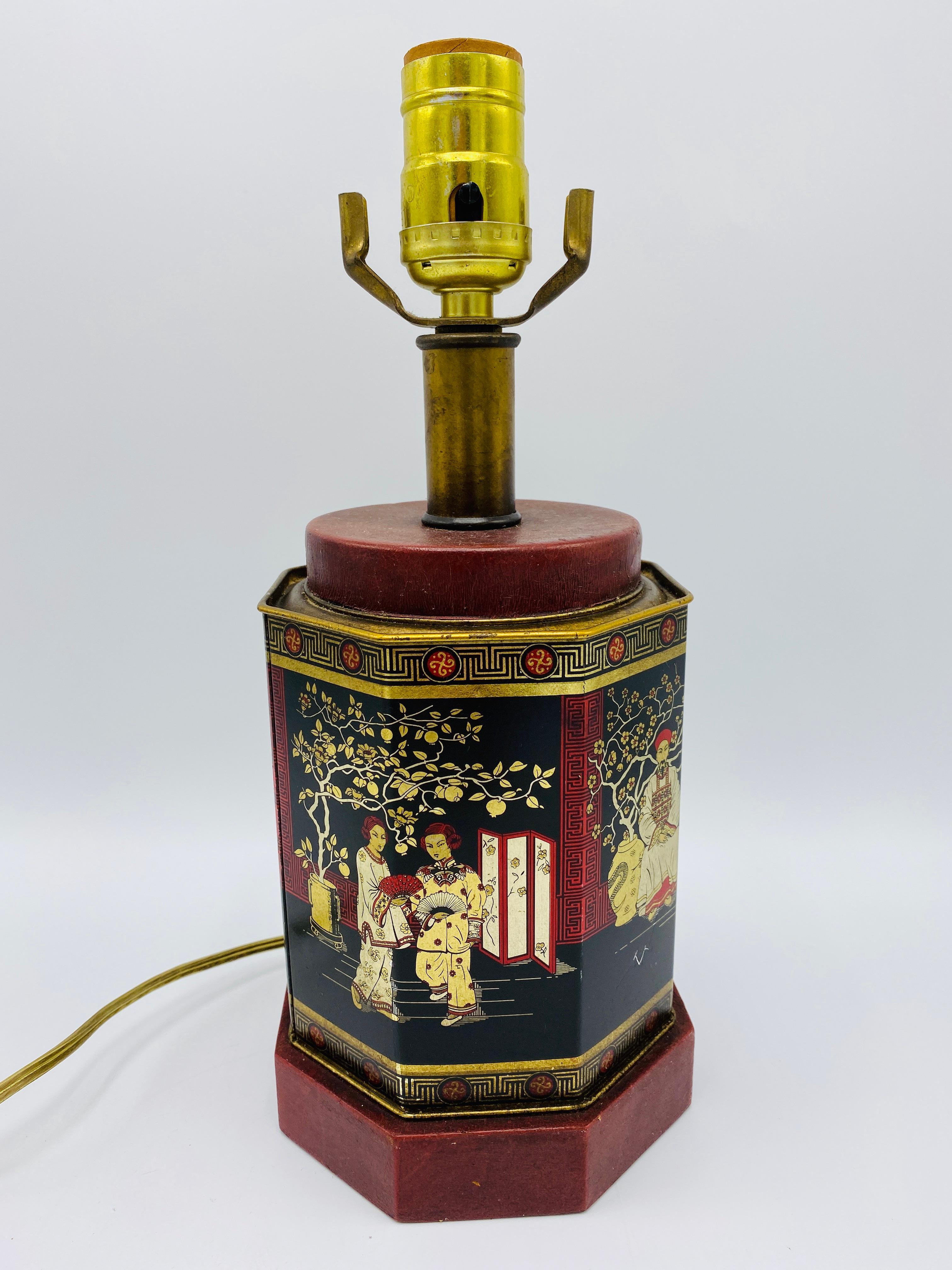 1950s Chinoiserie Red and Black Tole Tea Canister Lamp with Leather Details For Sale 2