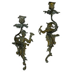 1950s Chinoiserie Sculptural Bronze Candlestick Wall Sconces, Pair