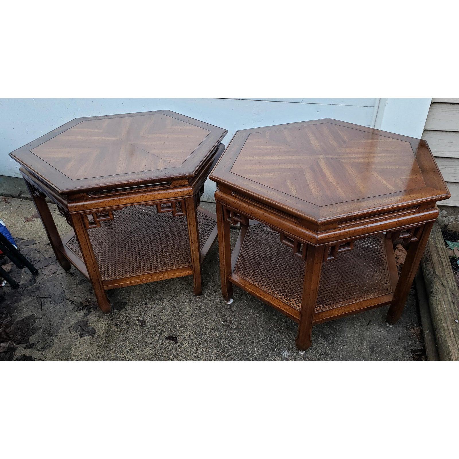 1950s Chinoiserie Two Tier Caned Shelf End Tables, a Pair 4
