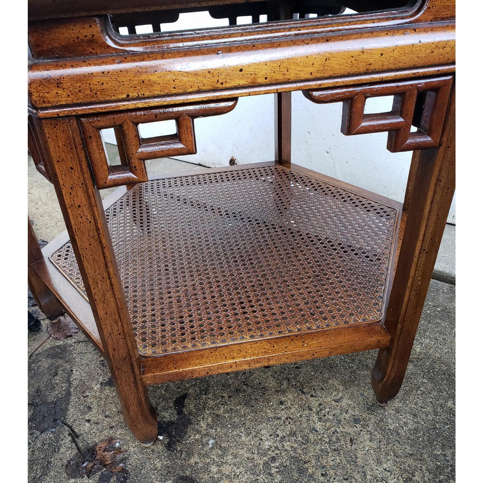 1950s Chinoiserie Two Tier Caned Shelf End Tables, a Pair 2