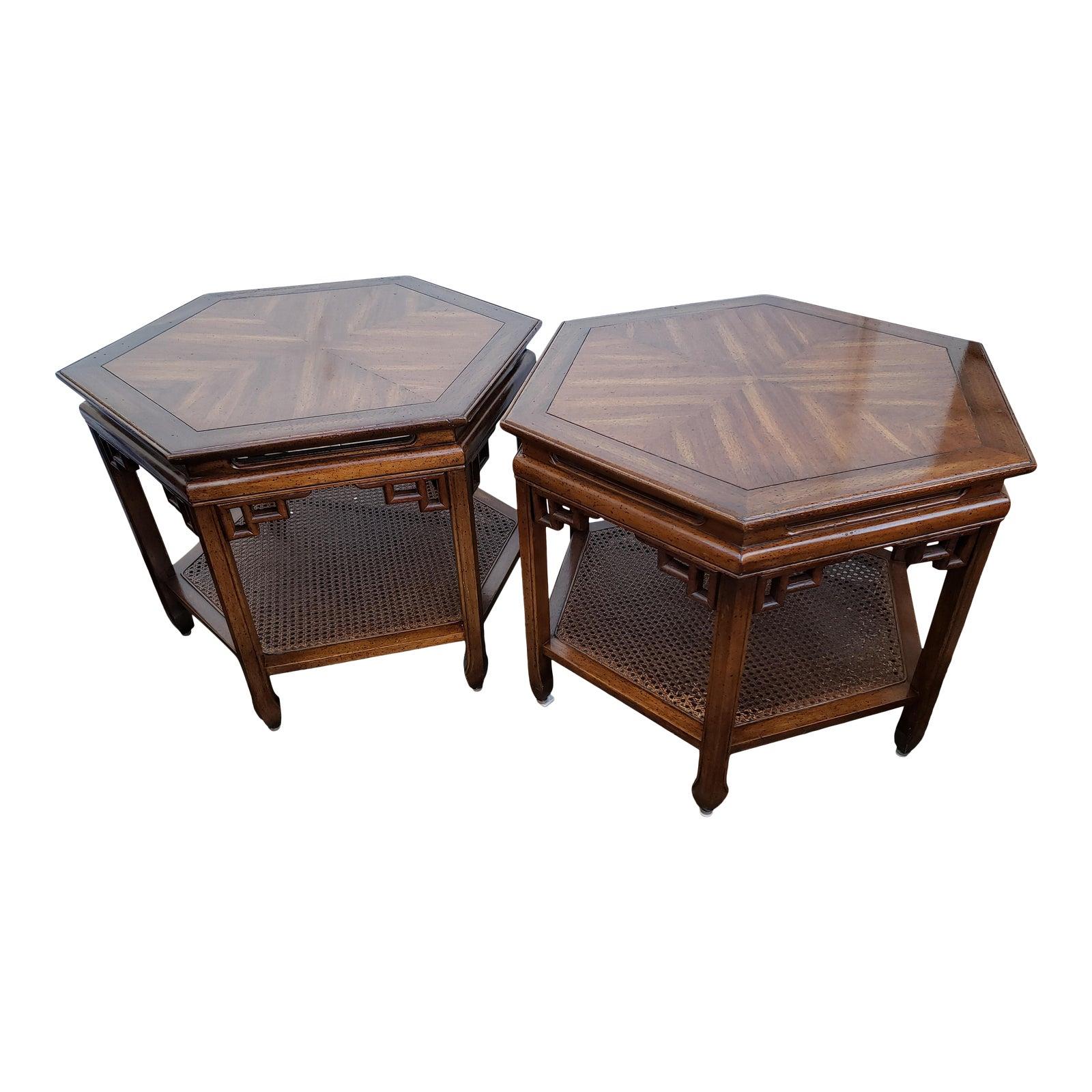 1950s Chinoiserie Two Tier Caned Shelf End Tables, a Pair