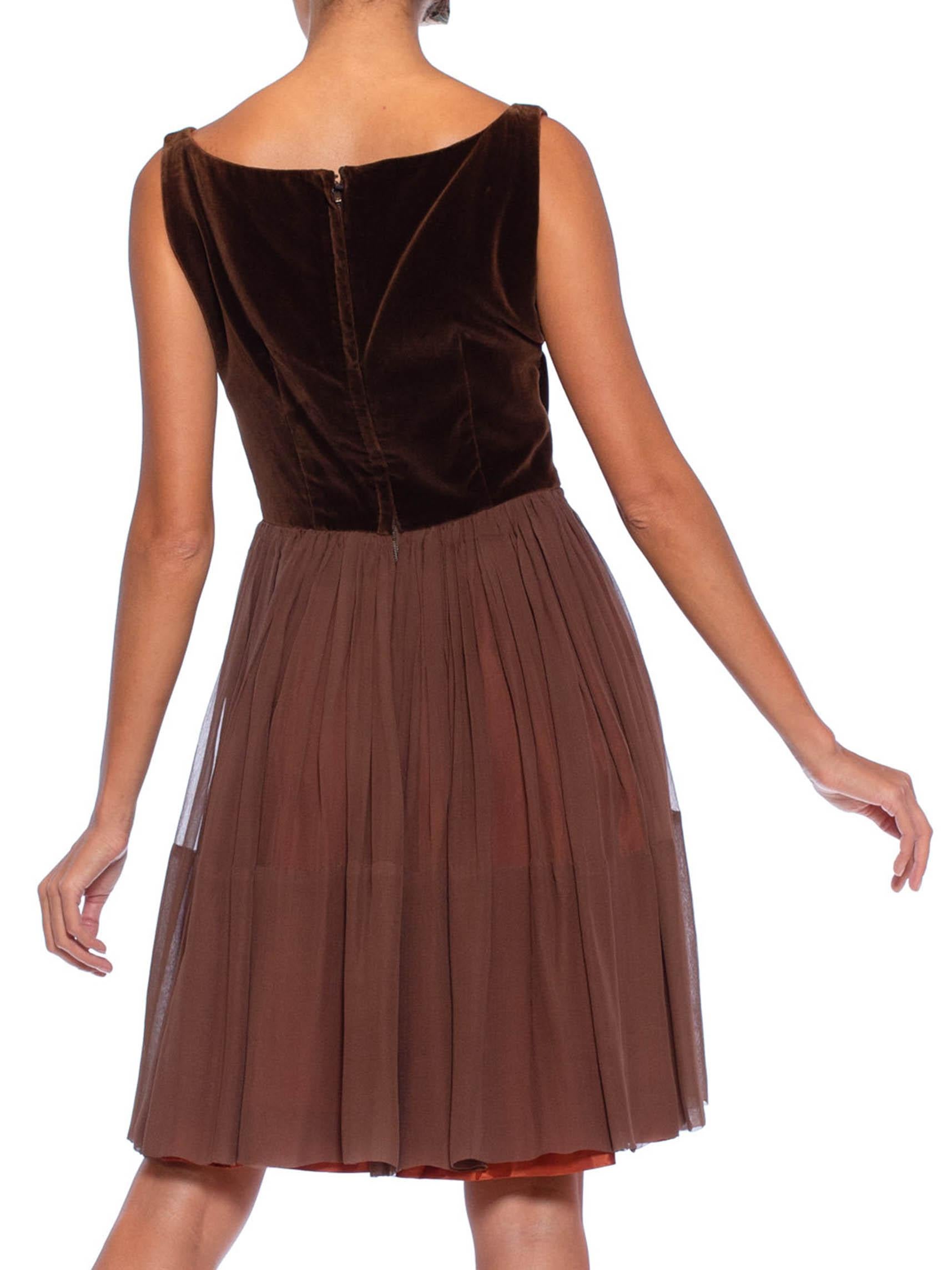 Women's 1950S Chocolate Brown Silk Chiffon & Velvet Swing Skirt Party Dress