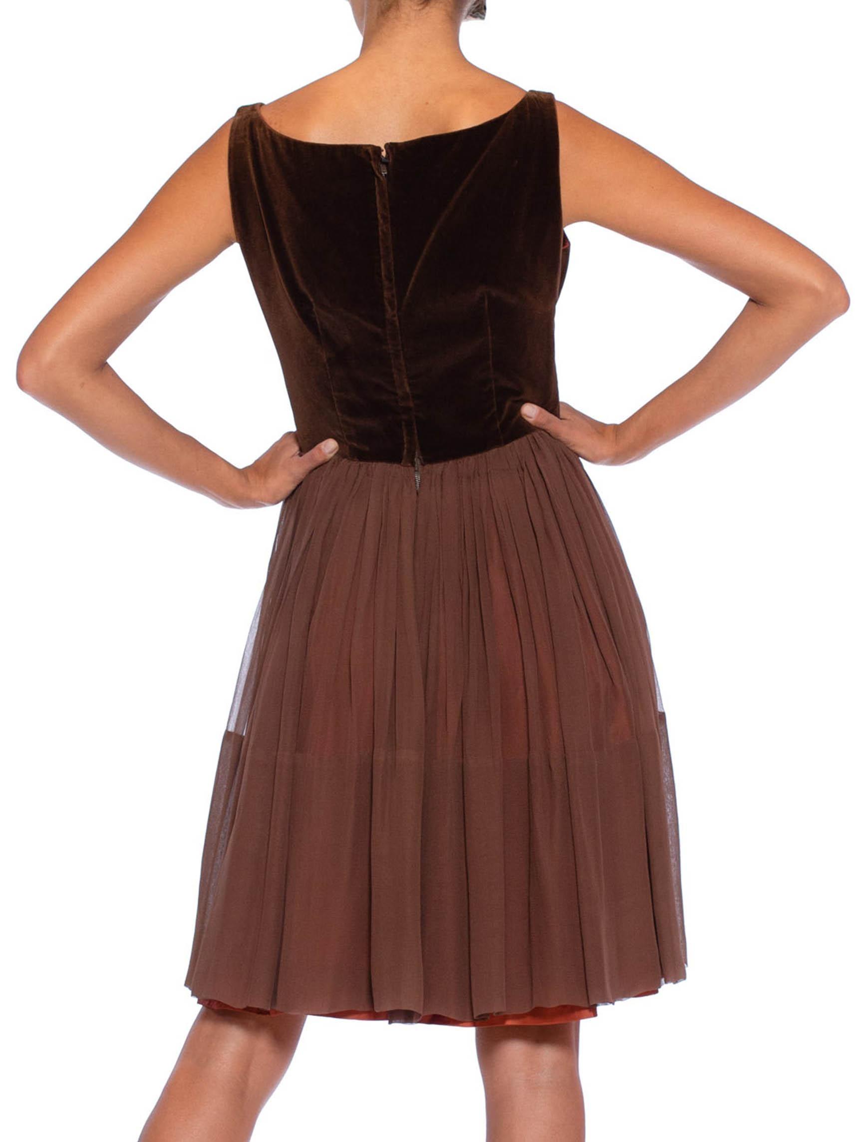 1950S Chocolate Brown Silk Chiffon & Velvet Swing Skirt Party Dress 1