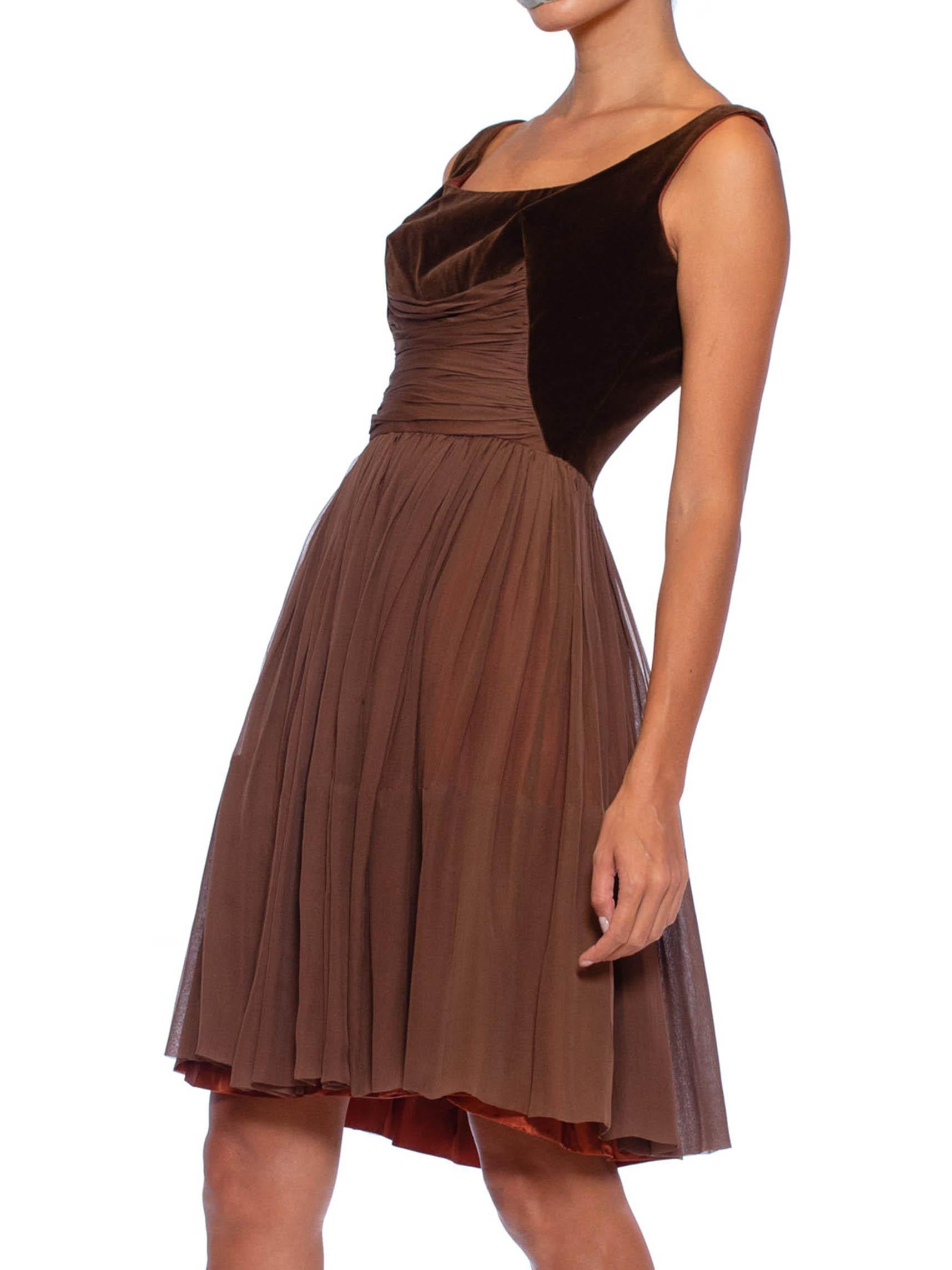 1950S Chocolate Brown Silk Chiffon & Velvet Swing Skirt Party Dress 2