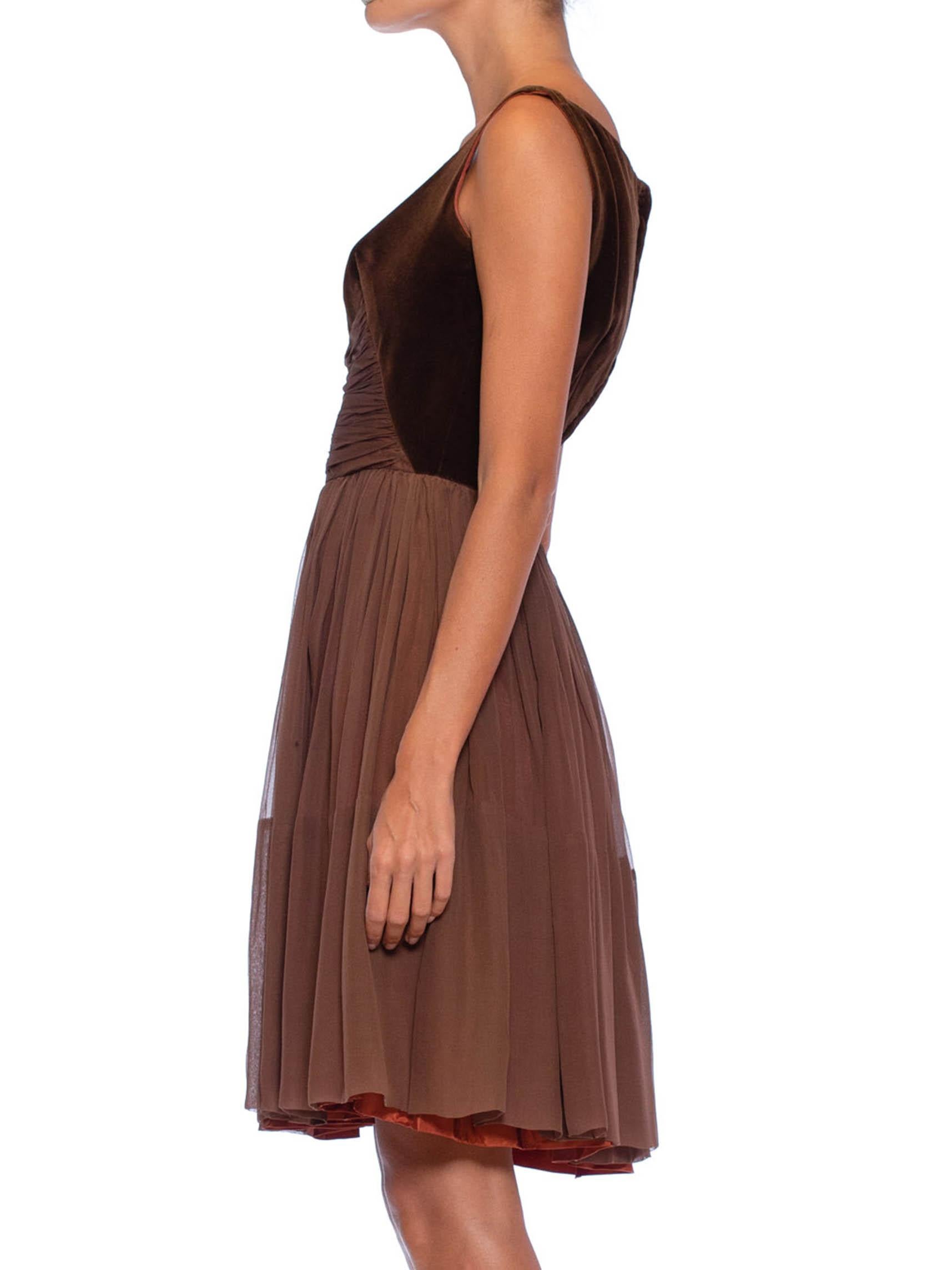 1950S Chocolate Brown Silk Chiffon & Velvet Swing Skirt Party Dress 3