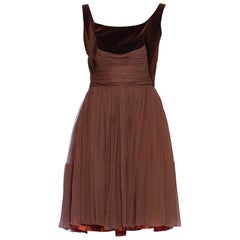 1950S Chocolate Brown Silk Chiffon & Velvet Swing Skirt Party Dress