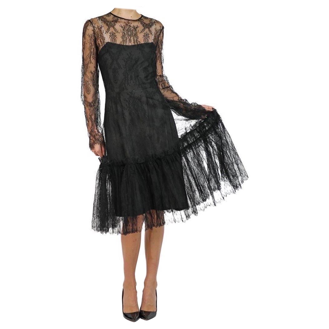 1950S Christian Dior Black Chantilly Lace Sheer Top Cocktail Dress