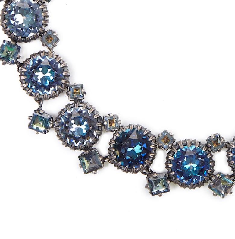 Beautiful 1950s Christian Dior necklace set with large pale blue circular and square crystal stones and fashioned from a pewter coloured metal base.  The necklace is marked Christian Dior by Mitchel Maer dating these to around 1952 - 54.  In