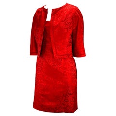 1950s Christian Dior Boutique Red Satin Floral Brocade Dress Cropped Jacket Set
