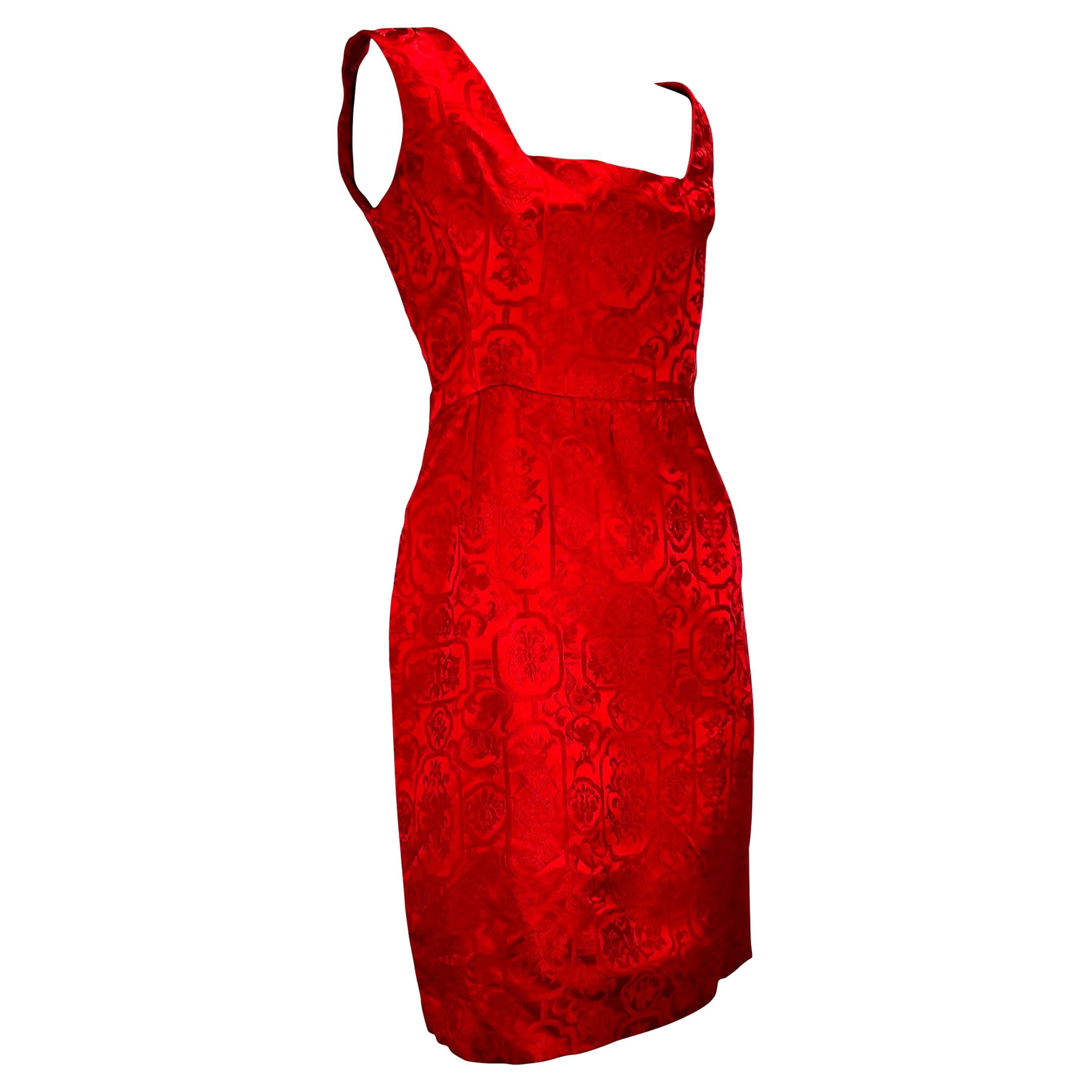 Women's 1950s Christian Dior Boutique Red Satin Floral Brocade Dress Cropped Jacket Set