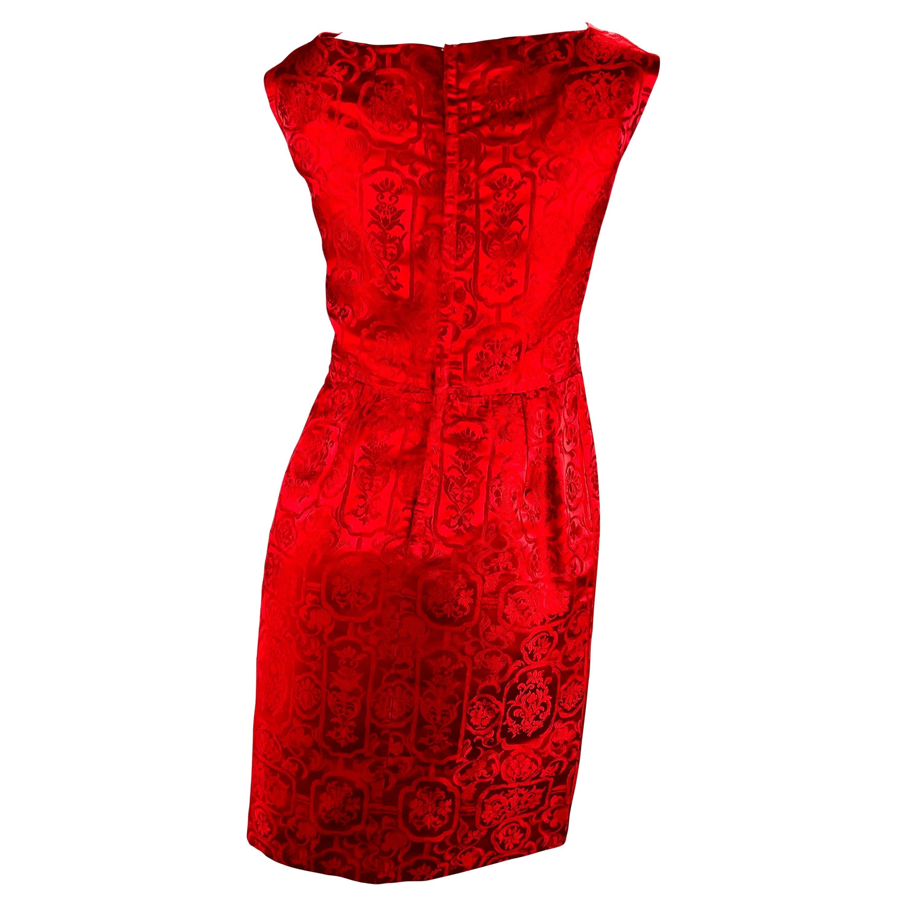 1950s Christian Dior Boutique Red Satin Floral Brocade Dress Cropped Jacket Set 1