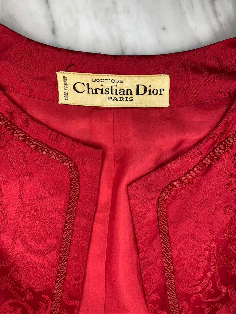 1950s Christian Dior Boutique Red Satin Floral Brocade Dress Cropped Jacket Set 2
