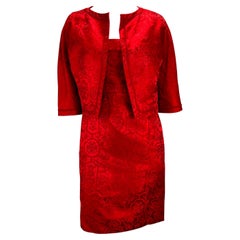 Retro 1950s Christian Dior Boutique Red Satin Floral Brocade Dress Cropped Jacket Set