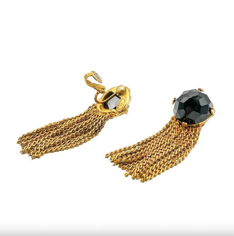 Original 1950s Christian Dior black crystal and gold tassel earrings.  This is an unusual design by Mitchel Maer who created many exquisite pieces for the London branch of Christian Dior for a short time between 1952 and 1956.  Early Dior examples
