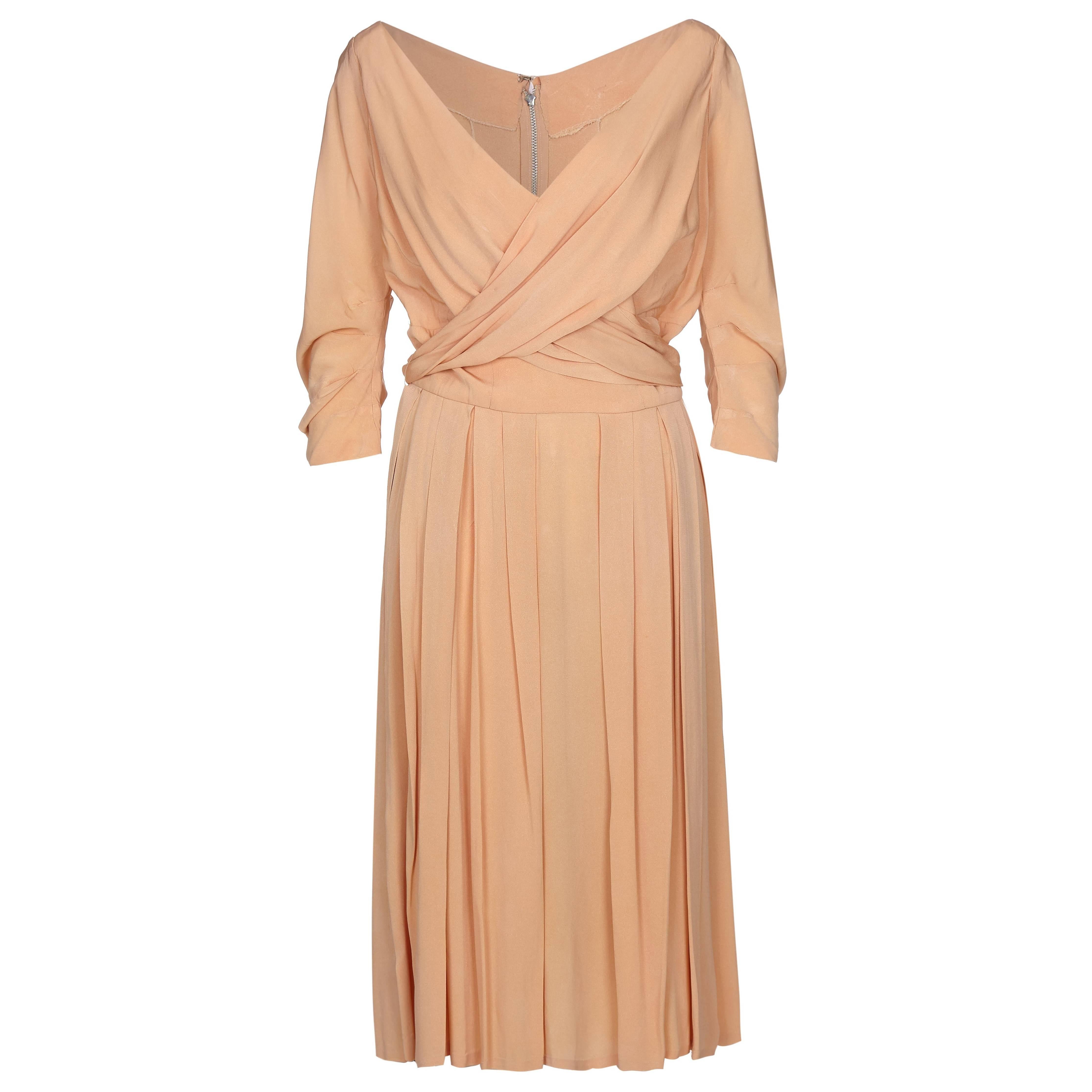 1950s Christian Dior New Look Peach Silk Dress With Cross Over Bodice