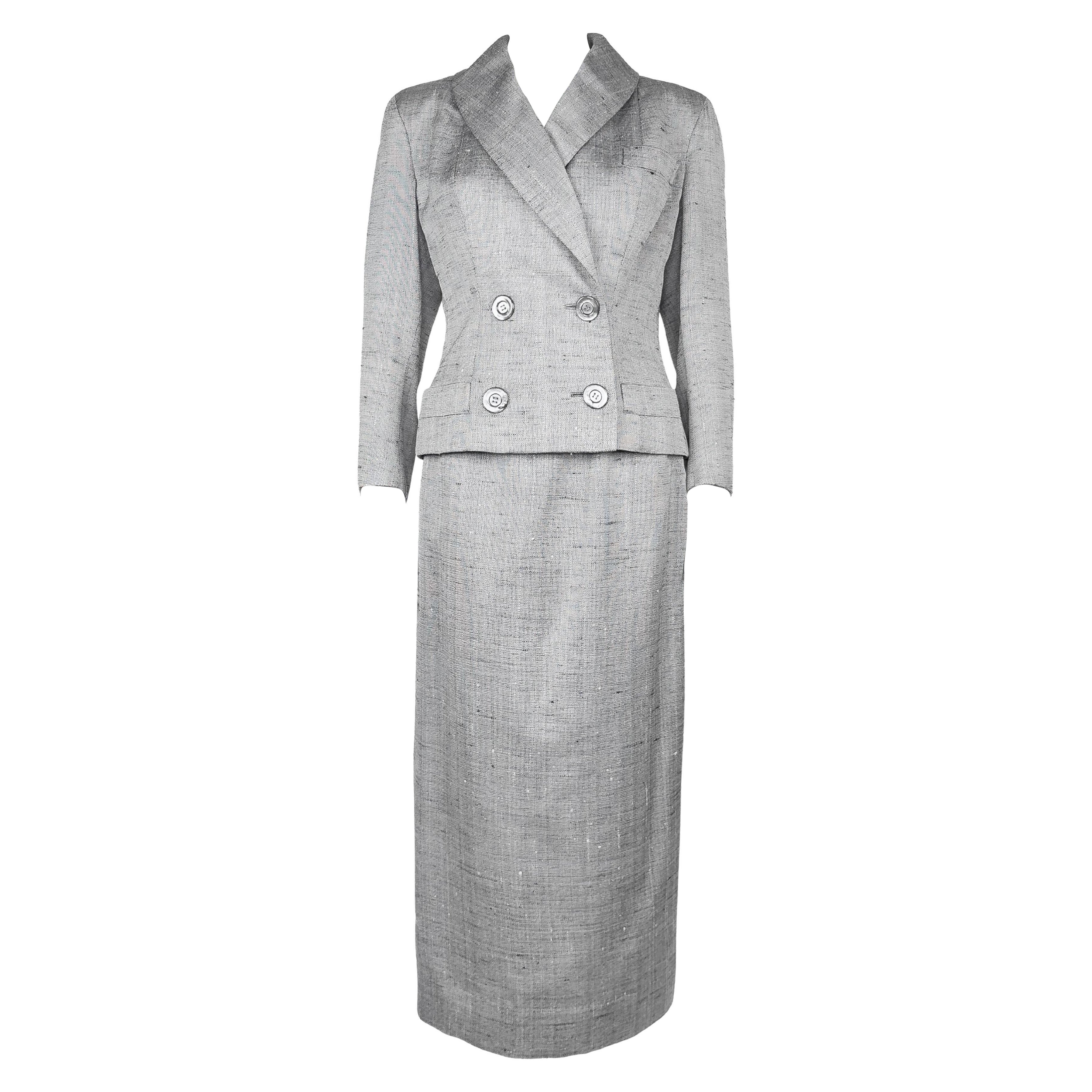 Abito con gonna in seta e lino grigio di Christian Dior New York degli anni
50