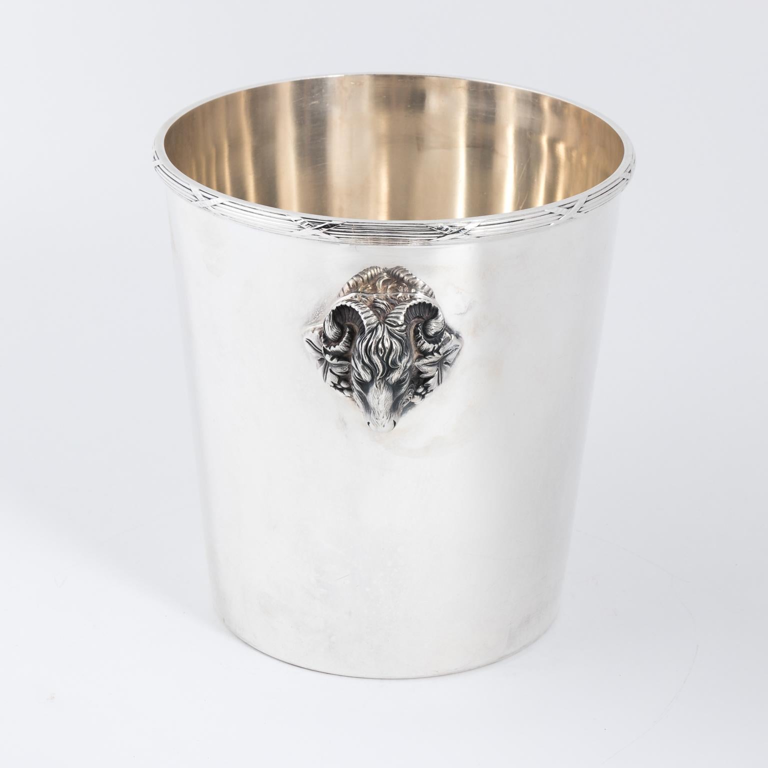 Christofle neoclassical silver plate ice bucket with ram's heads handles, circa 1950s.
 