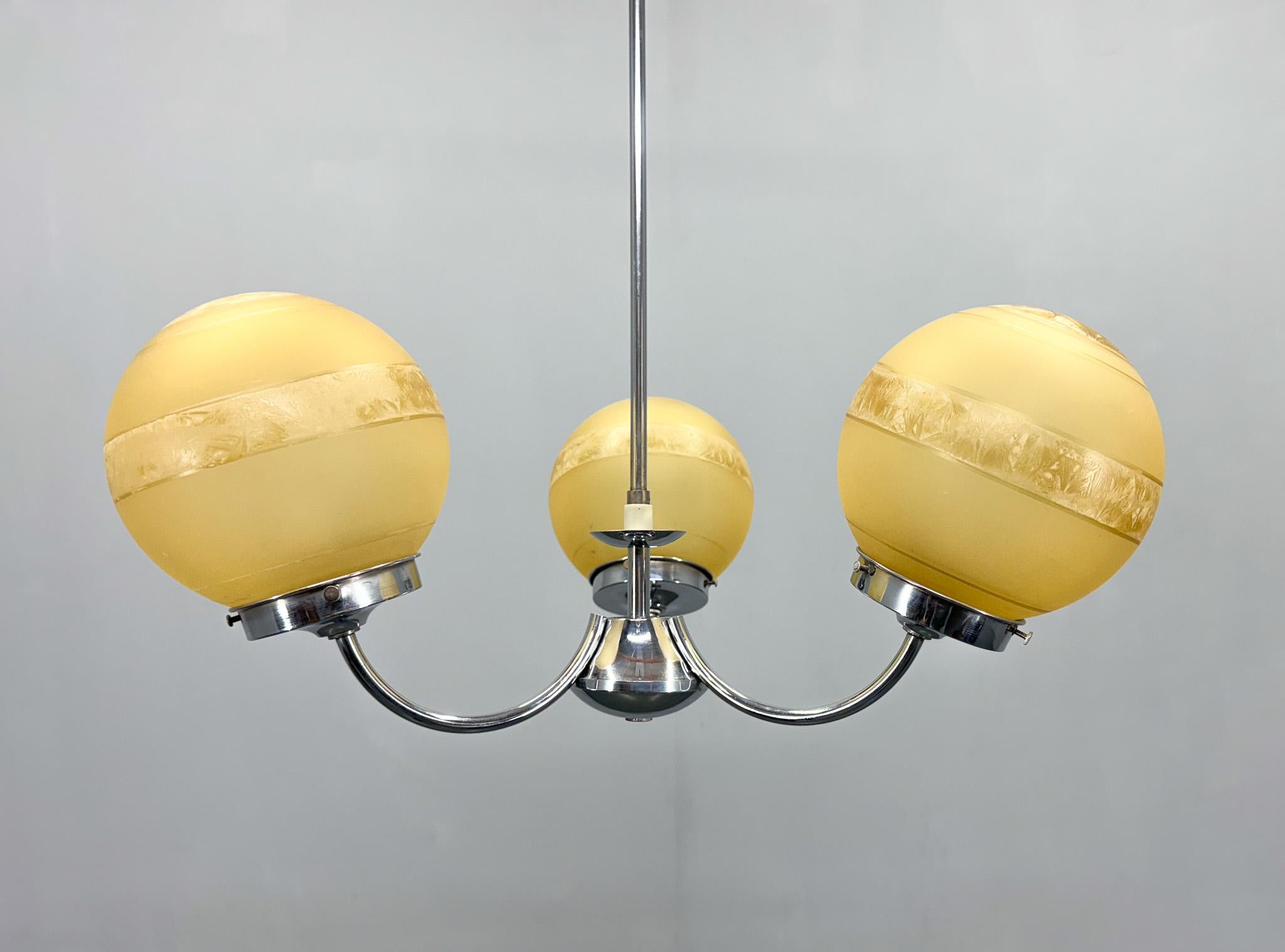 Czech 1950s Chrome & Frosted Glass Chandelier For Sale