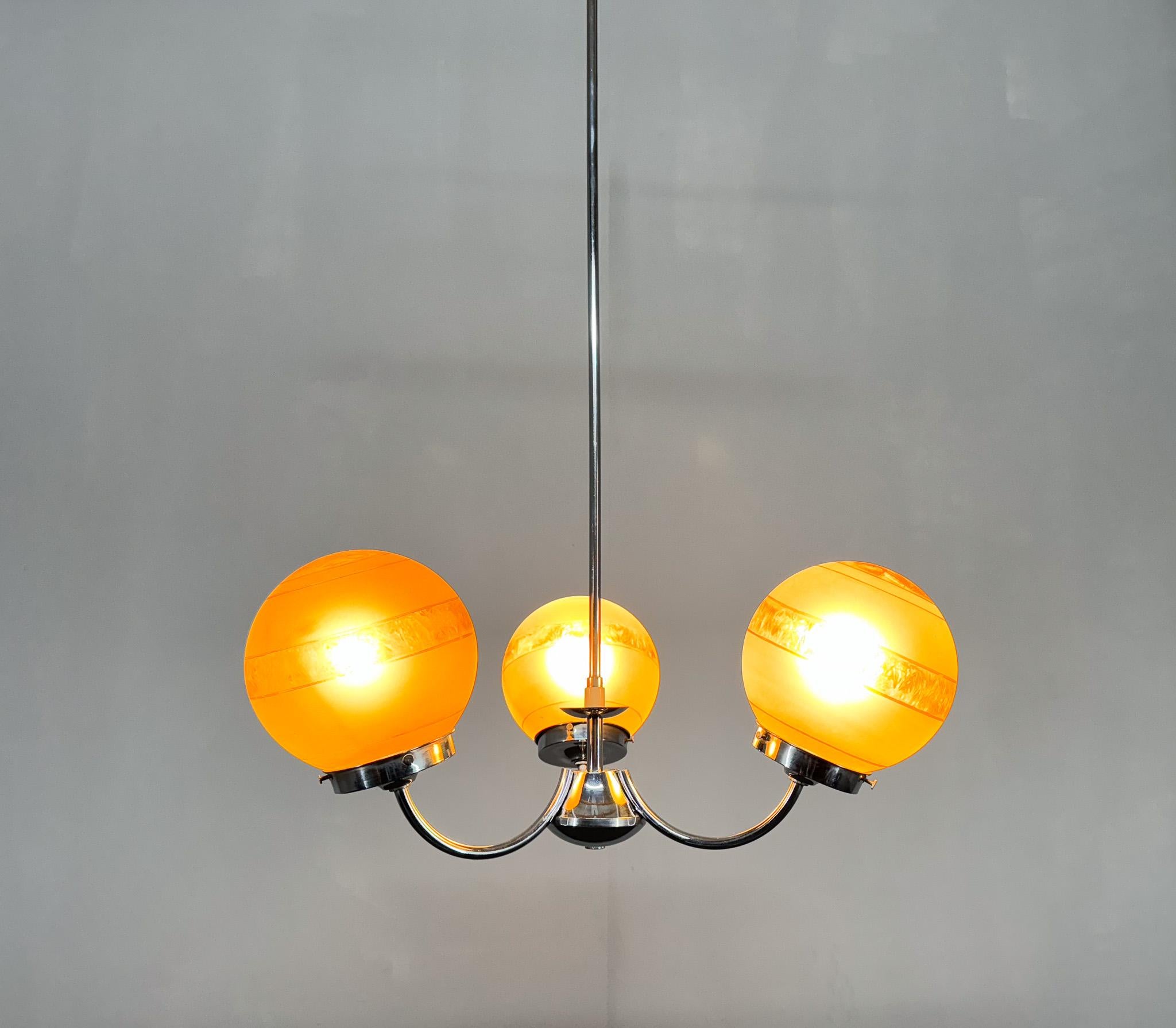 20th Century 1950s Chrome & Frosted Glass Chandelier For Sale